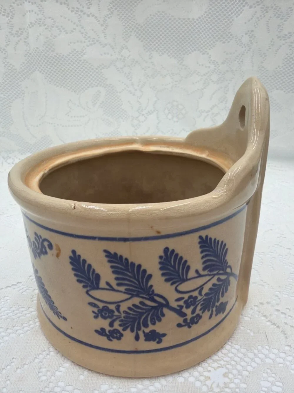 Antique Blue Onion Salt Box | Large Ceramic Salt Cellar | Wall Mount or Countert